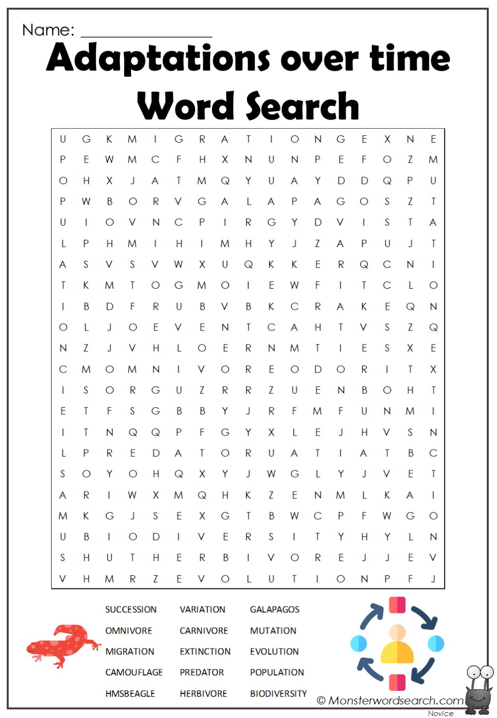 Adaptations Over Time Word Search Monster Word Search