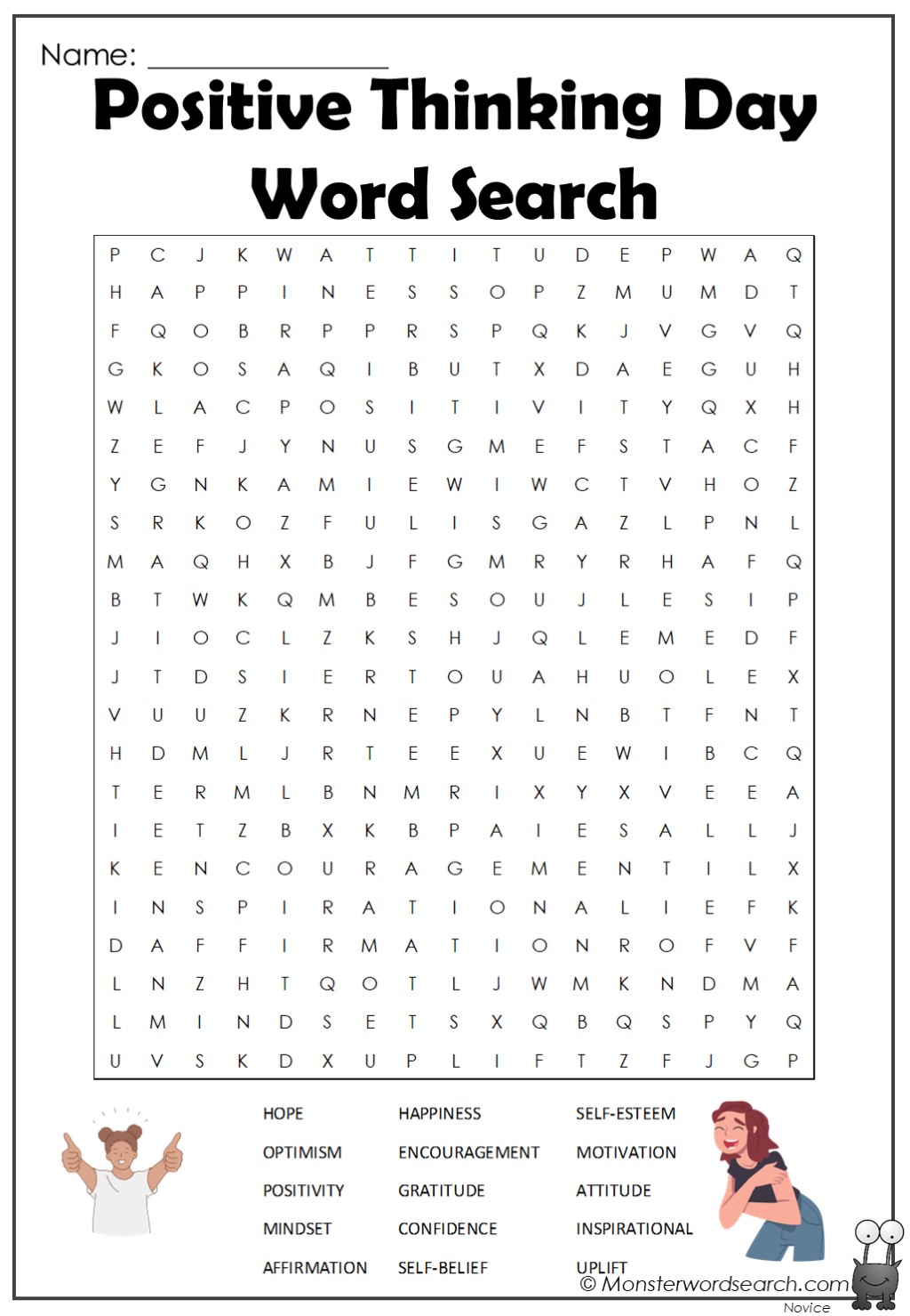 Positive Thinking Day Word Search Monster Word Search