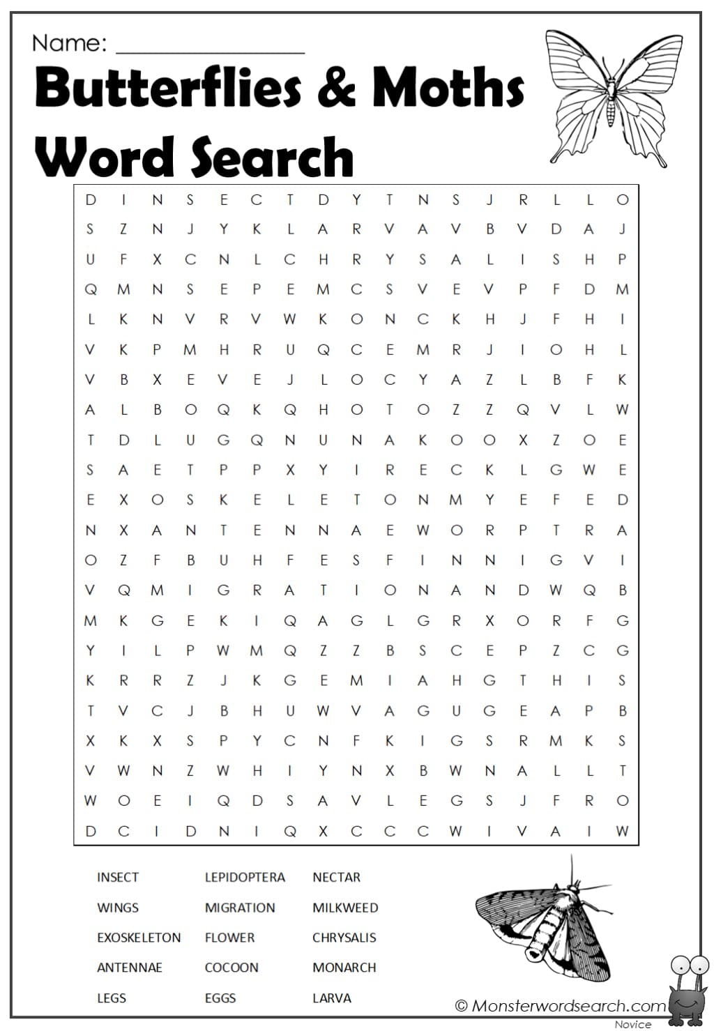 butterflies moths word search - Monster Word Search