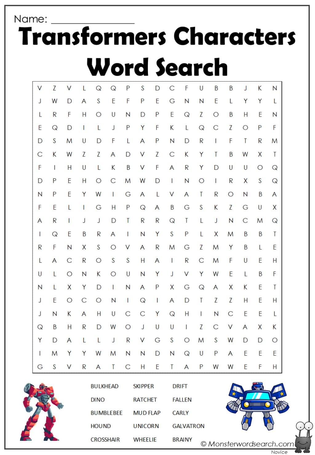 transformers characters word search Monster Word Search