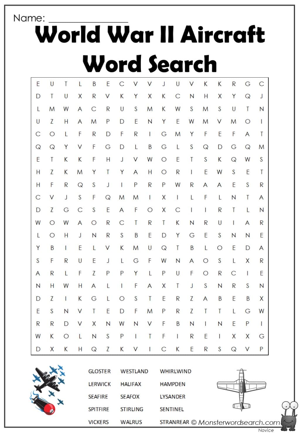 world war ii aircraft word search - Monster Word Search