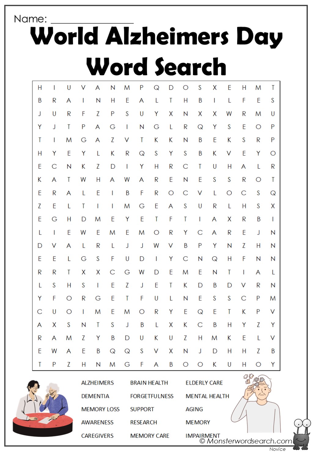 World Alzheimers Day Word Search - Monster Word Search